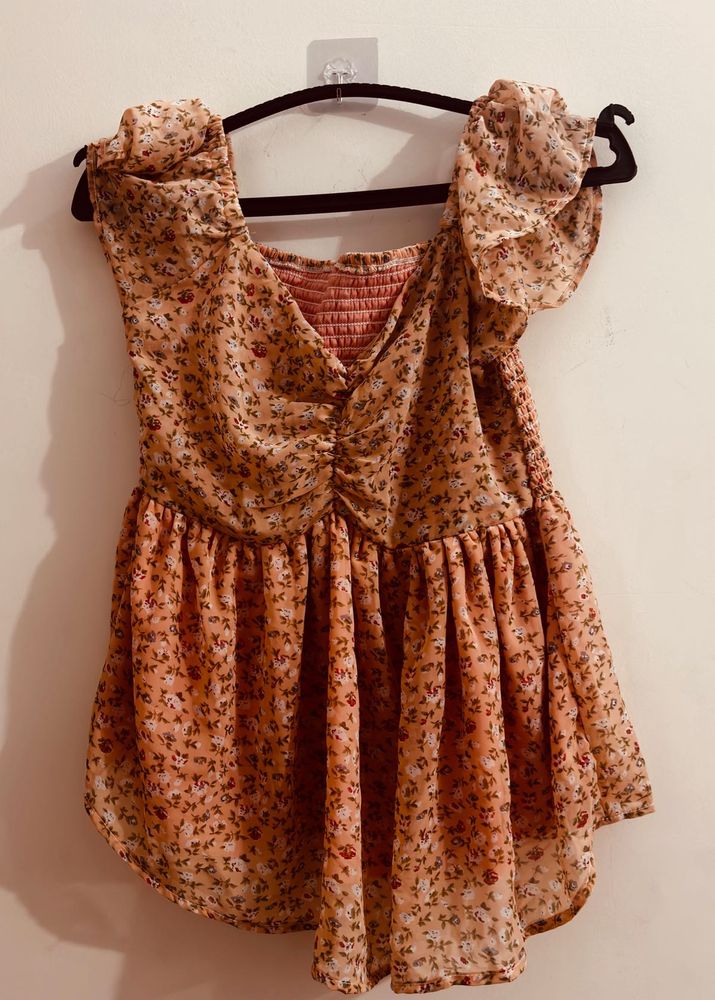 Peach Floral Smocked Ruffle Sleeve Babydoll Top