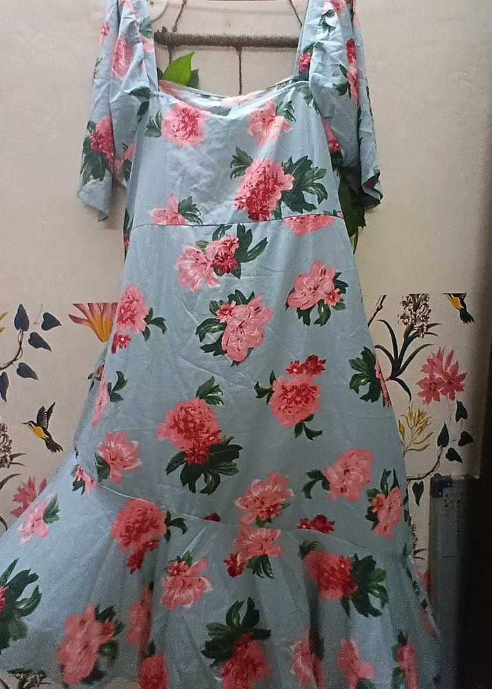 Floral Print  Light Blue Dress 44 Xxl