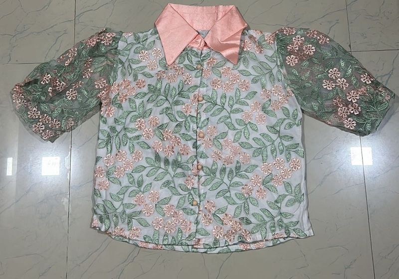 Elegant White &amp; Green Embroidered Shirt