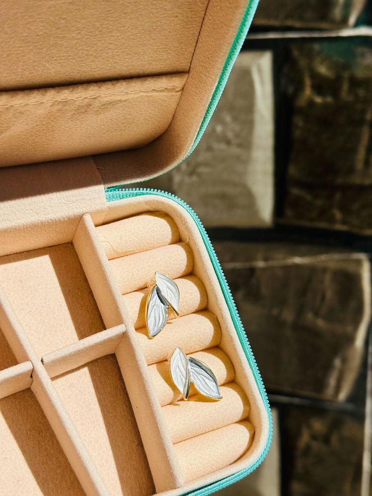 Grey and White Leaf Stud Earrings