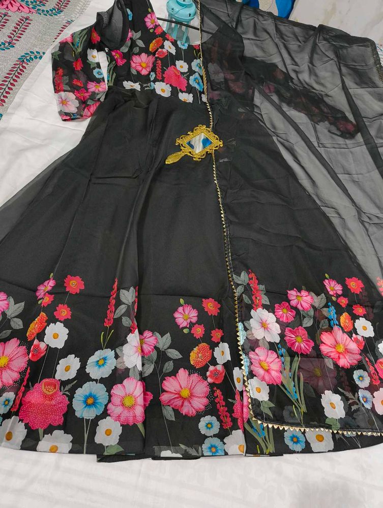 Floral Print Black Anarkali Suit