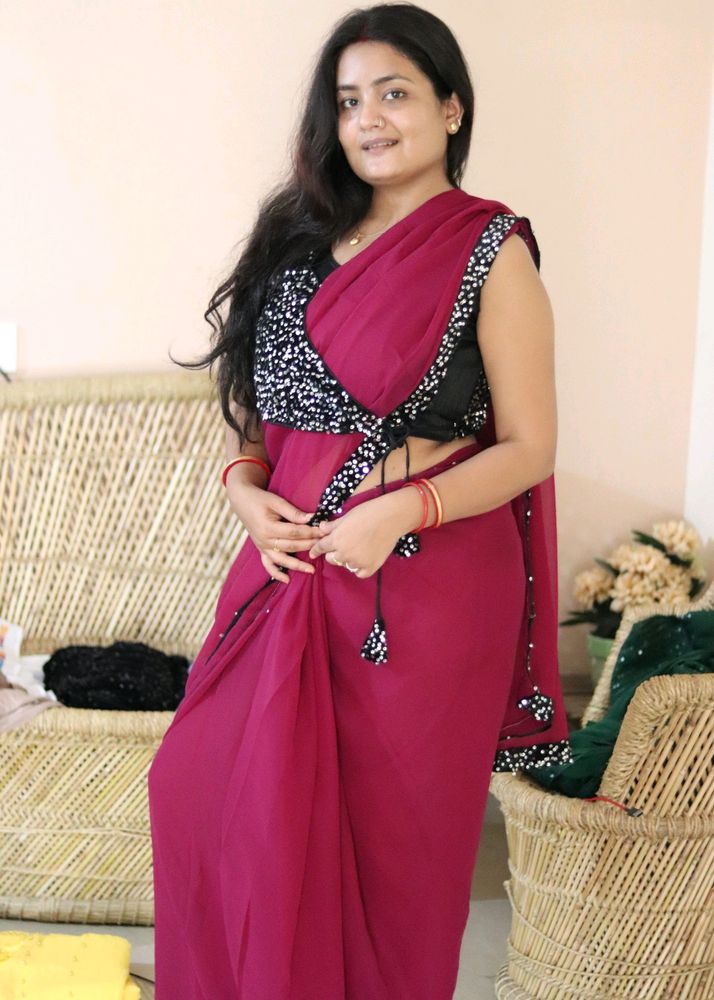 Beautifu Wine Colour Saree With Black Readymade Bl