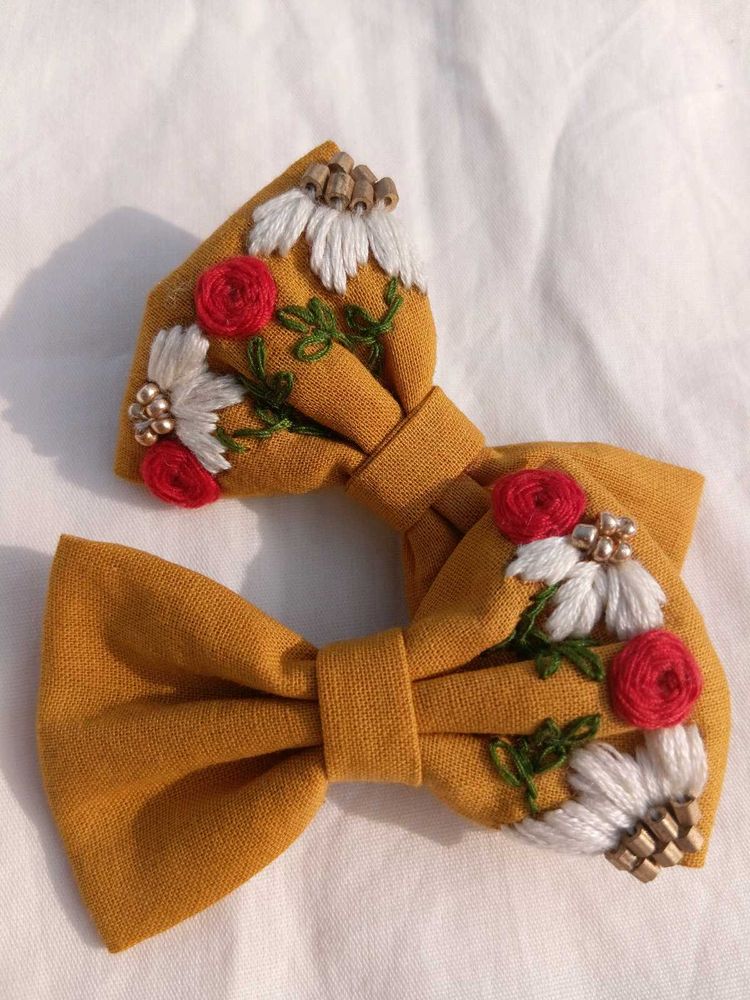 Floral Embroidered Hair Bows - Set of 2