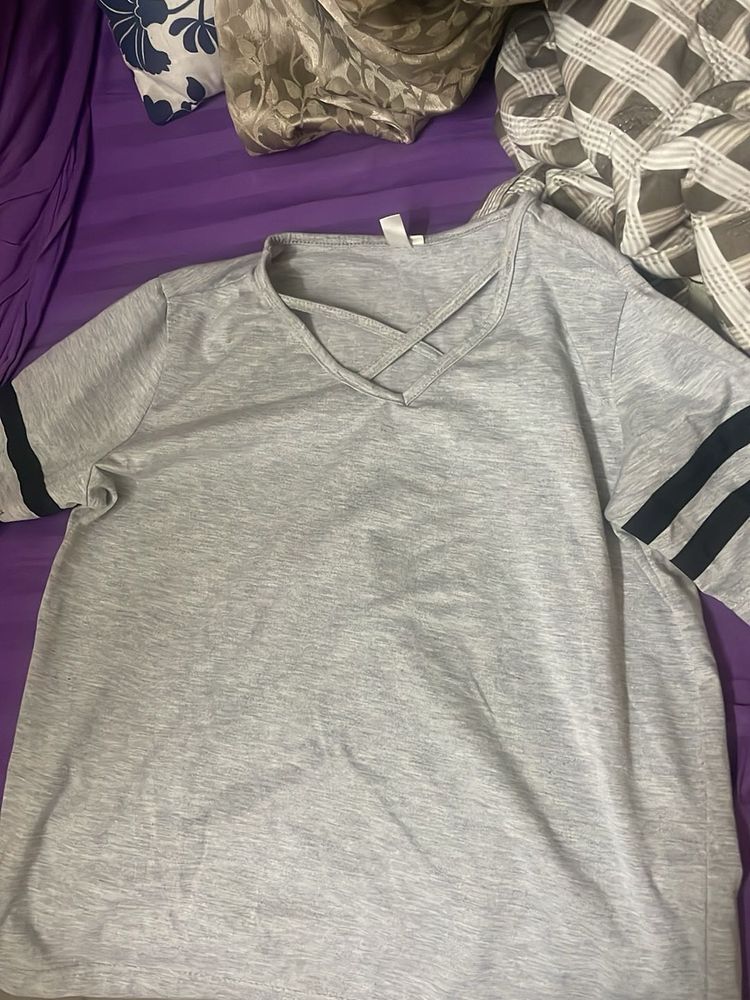 Gray V-Neck Striped Sleeve Top