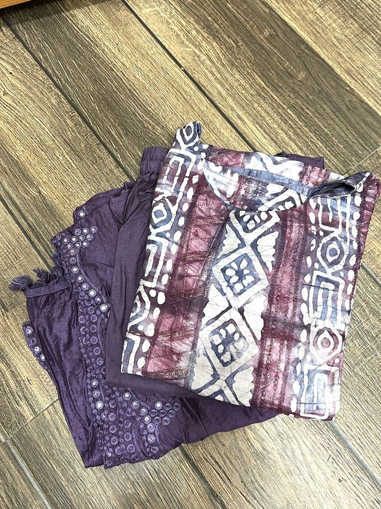 Purple Batik Print Top &amp; Pants Set With Dupatta