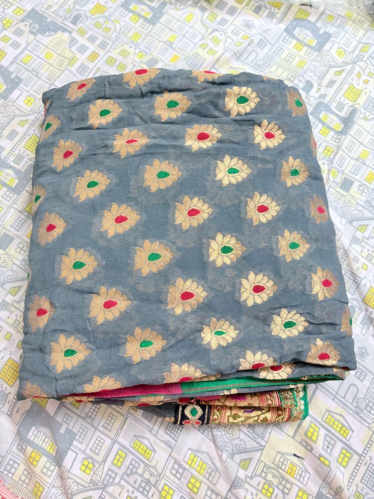 Gray Floral Print Cotton Saree
