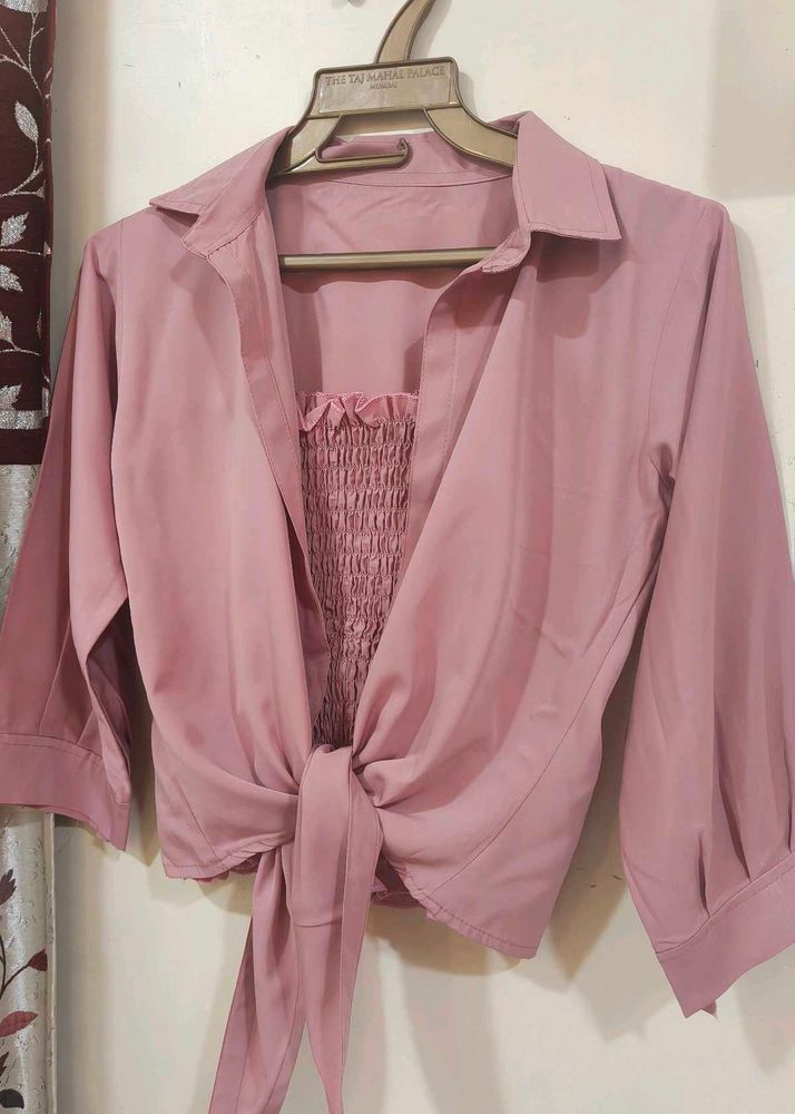 Pink Tie-Front Crop Top Set