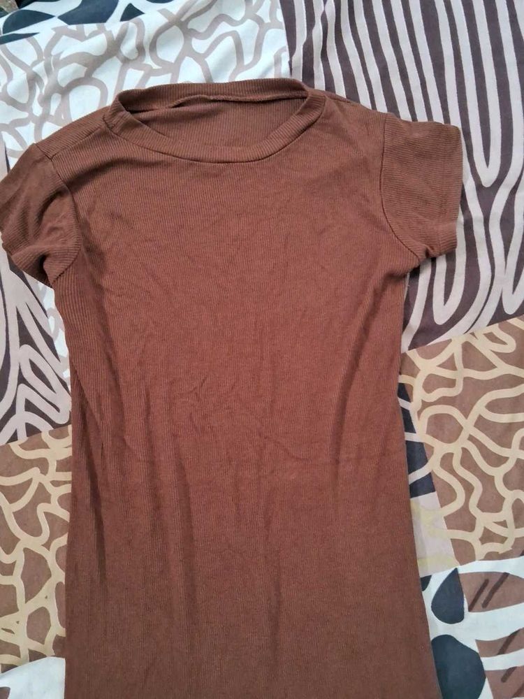 Brown Ribbed Bodycon Mini Dress