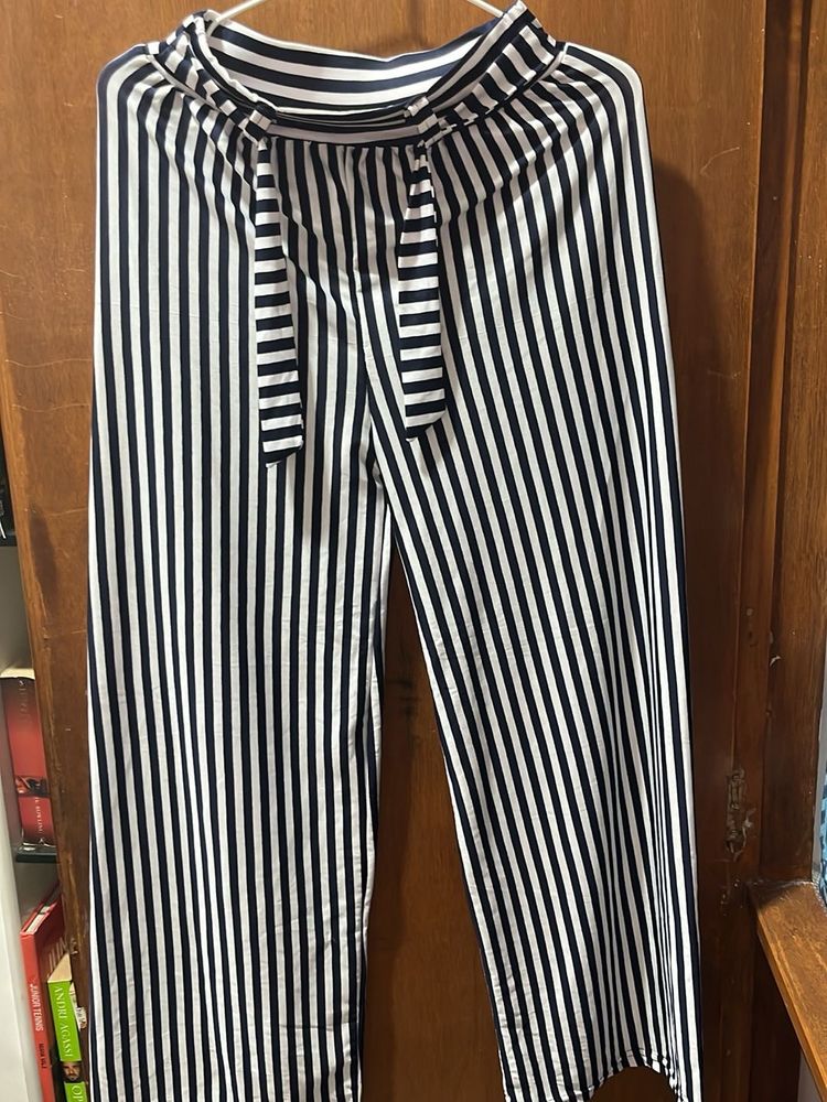 Dark Blue and White Striped Casual Pants