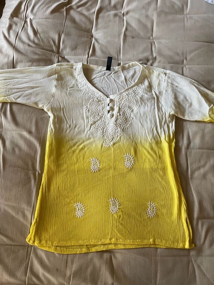 Yellow Chikankari Straight Short Kurti