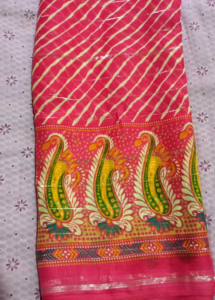 S9 Pink Leheriya Saree with Paisley Border