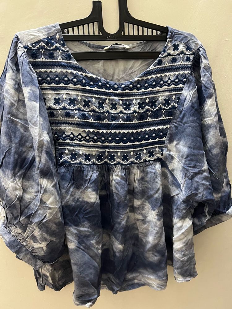 Tie &amp; Dye Flared Top with Embroidered Yoke