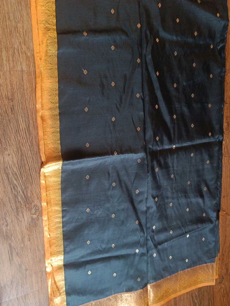 Pure Silk Black Sari With Mustard Gold Pallu