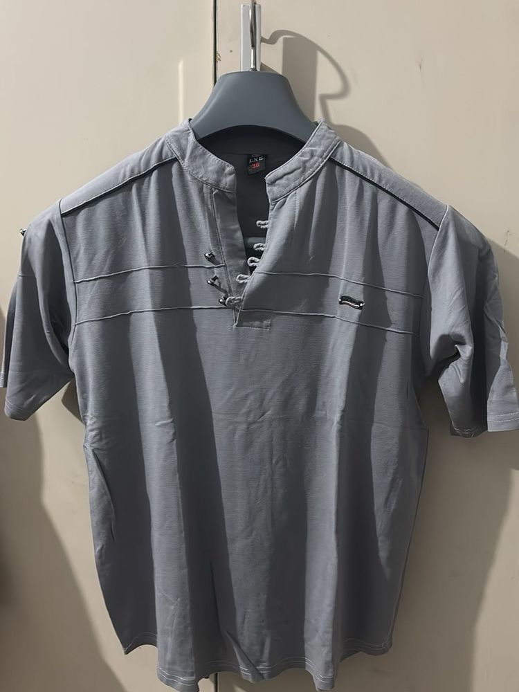 Stylish Grey Mandarin Collar Shirt