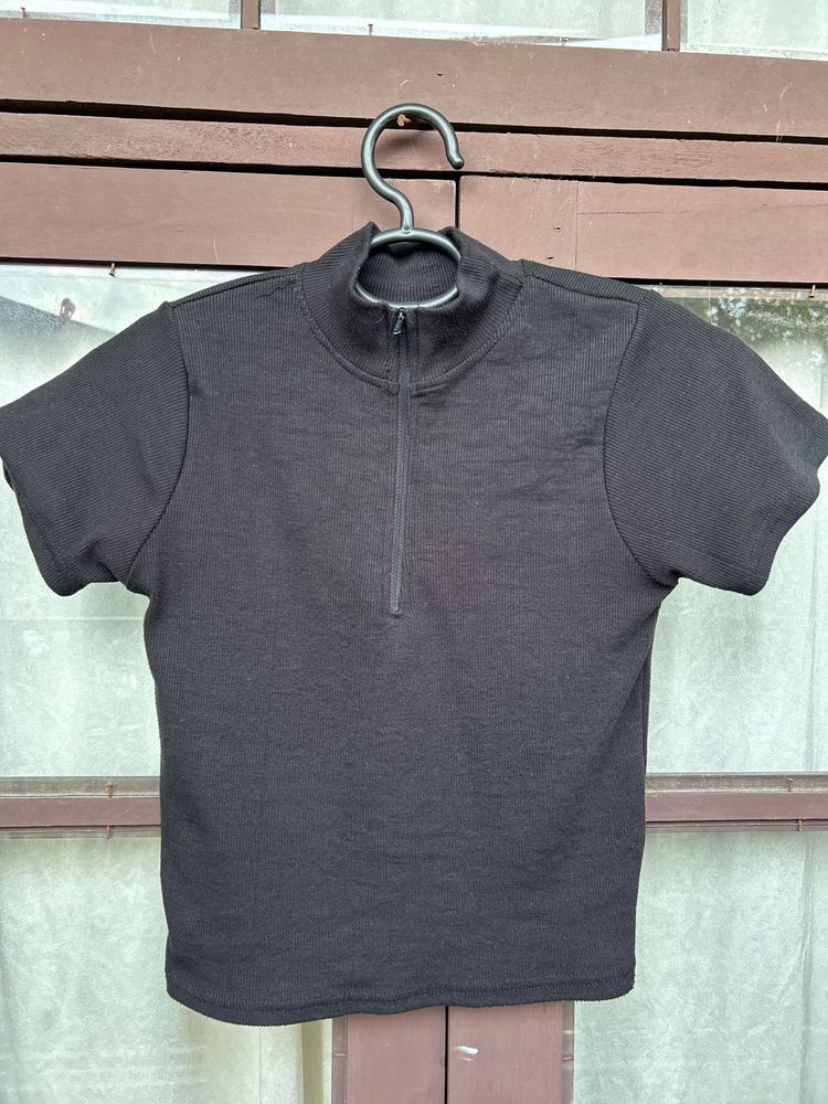 Black Ribbed Half-Zip Top