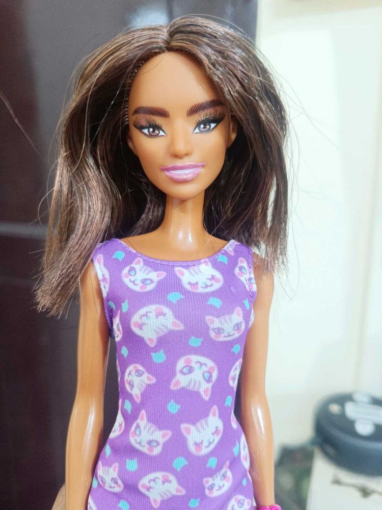 Autumn Brunette Barbie Doll in Cat Dress