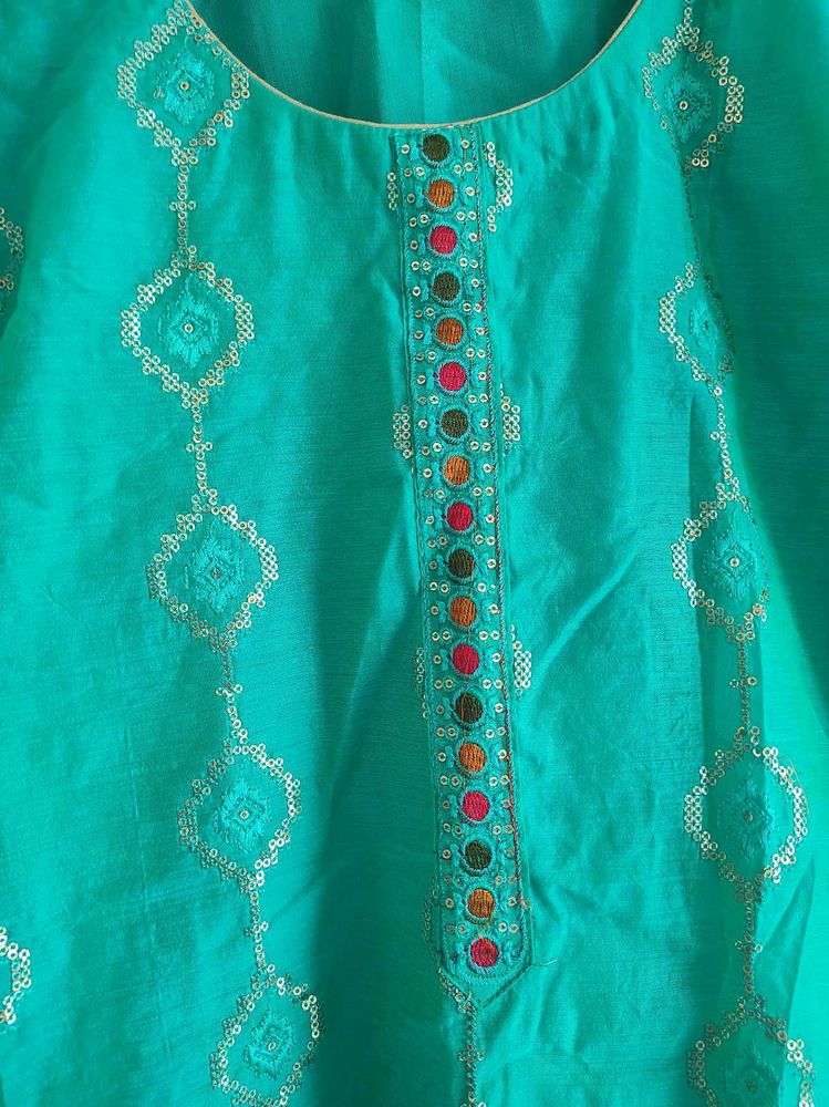 Teal Embroidered Kurti Dupatta Pant Suit.