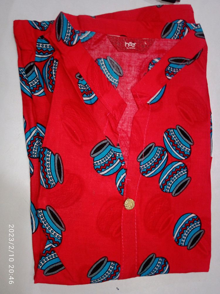Red V Neck Soft Cotton Kurti