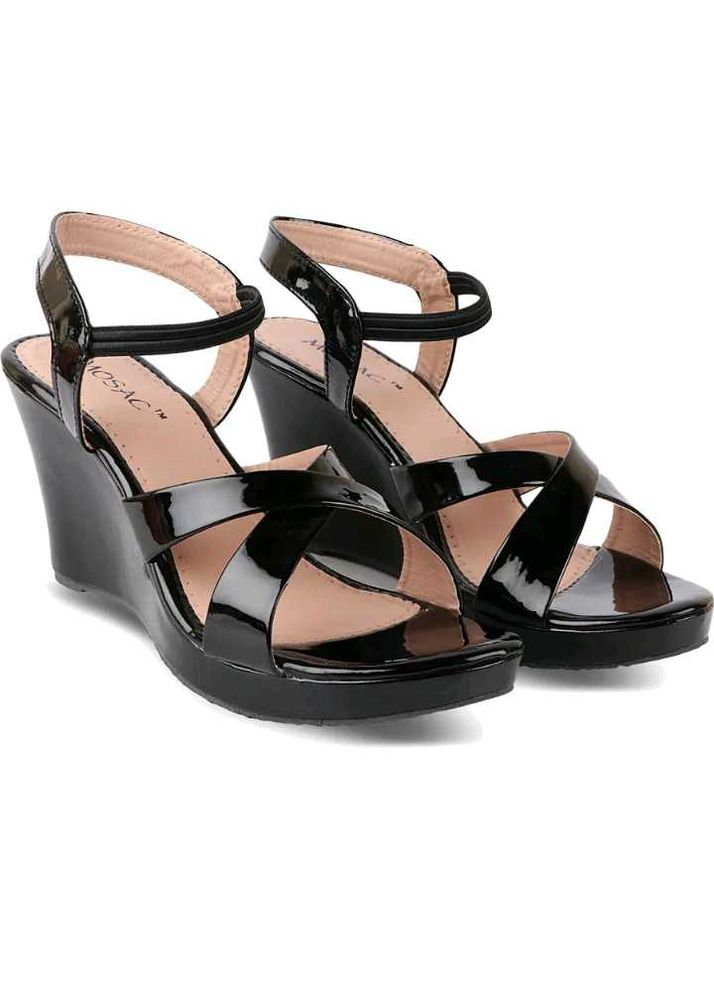 Black Patent Leather Wedge Sandals