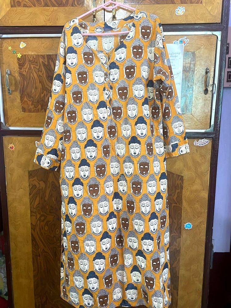Blue Ribbon Buddha Printed Mustard Color Kurta