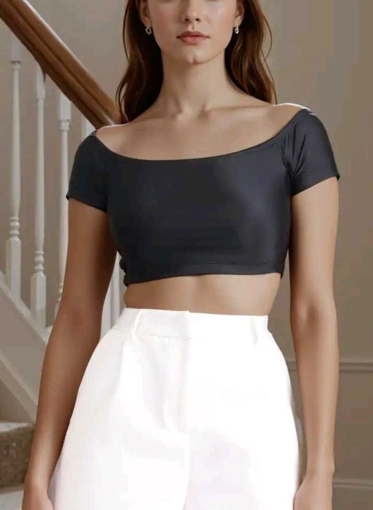 Fitted off shoulder short sleeve micro crop top