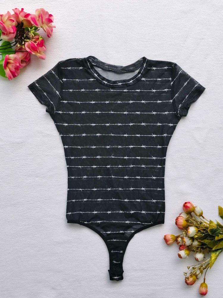 Net Striped Bodysuit Top