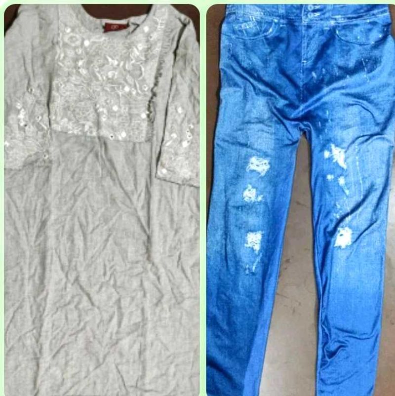 Embroidered Kurta &amp; Stretchable Leggings Set
