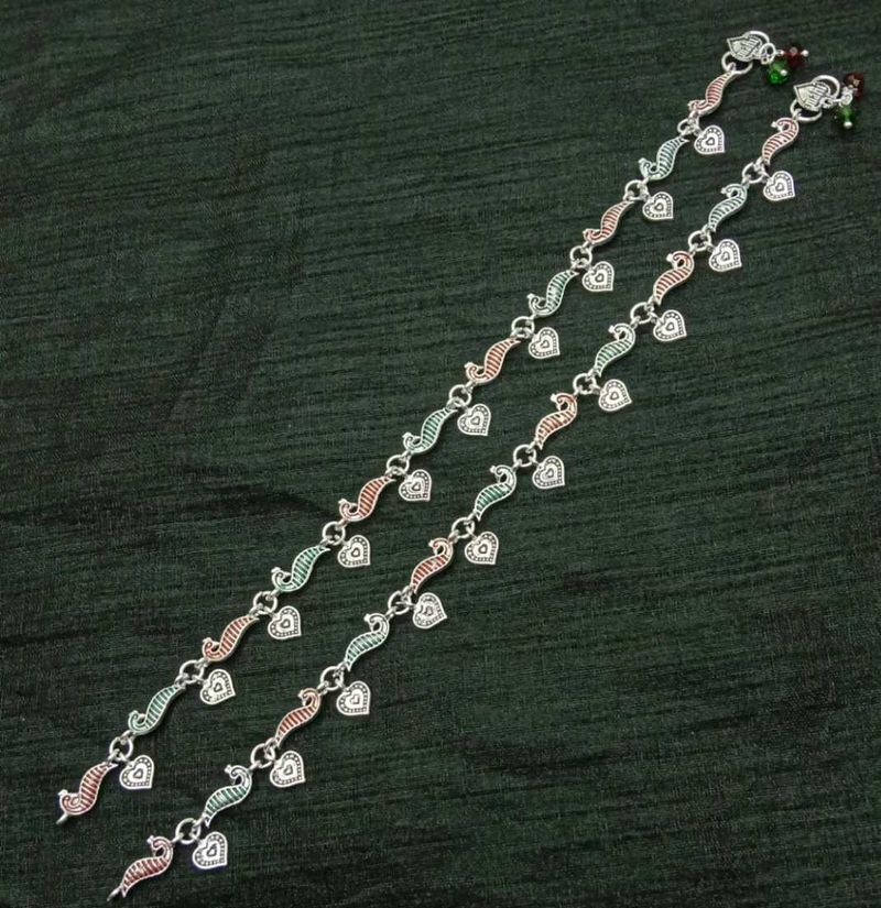 Silver Heart Peacock Anklets
