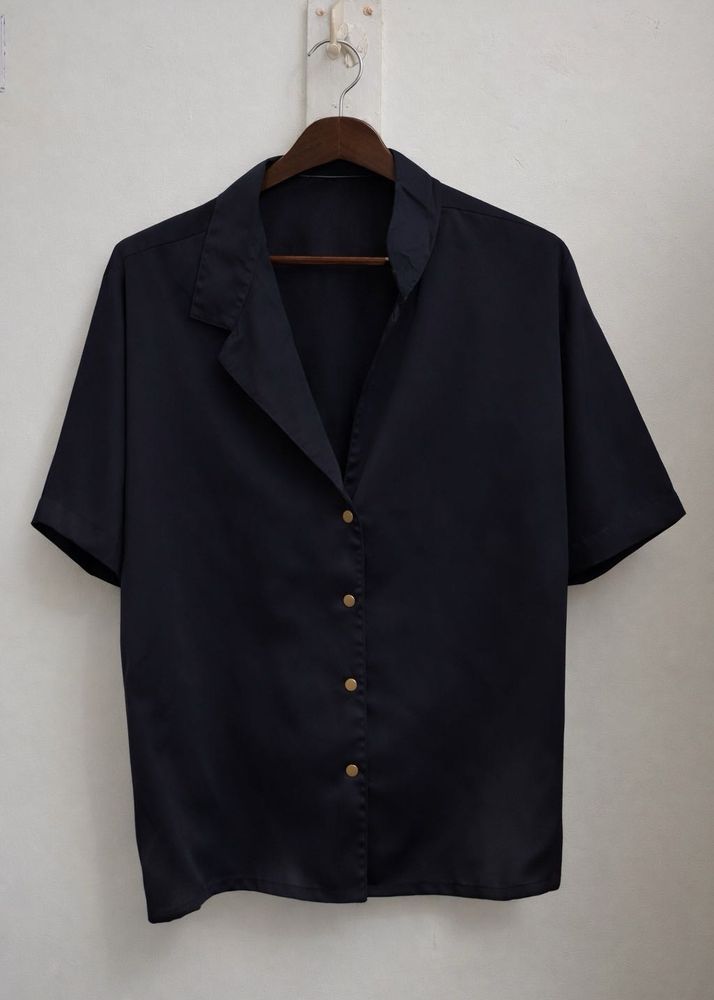 Stylish Black Satin Shirt with Gold Buttons