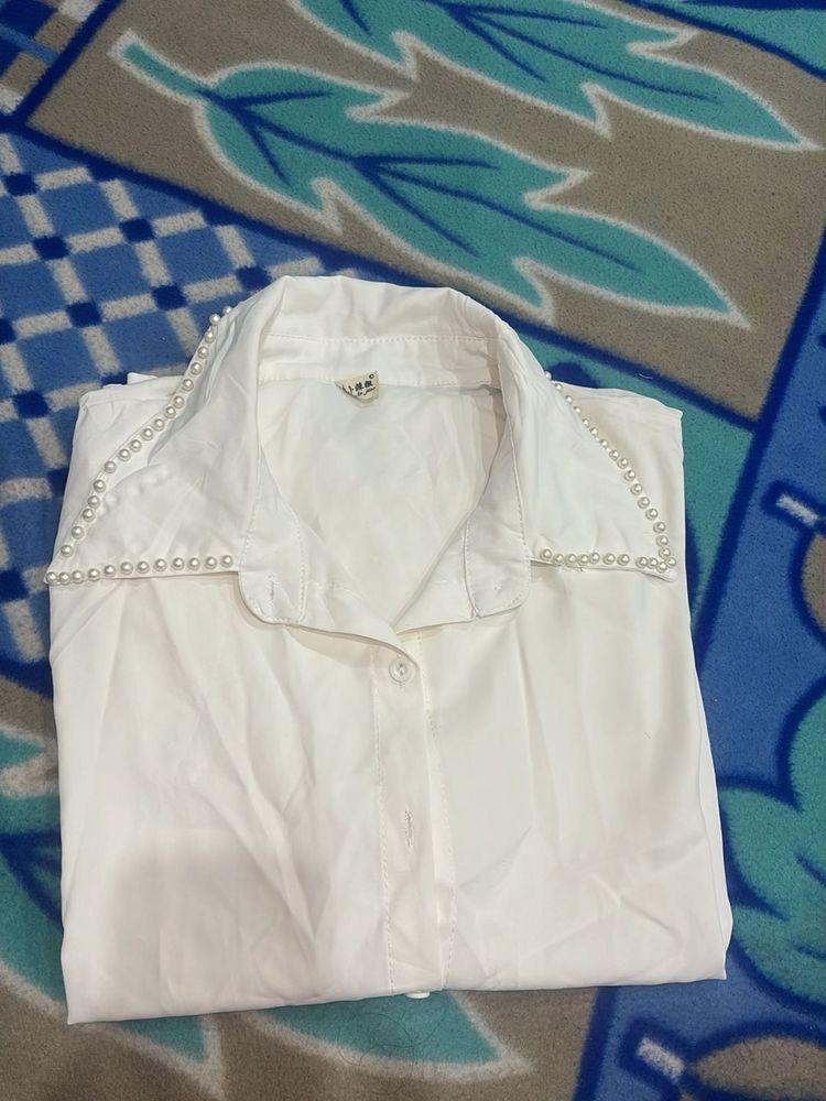 Elegant White Pearl Embellished Shirt