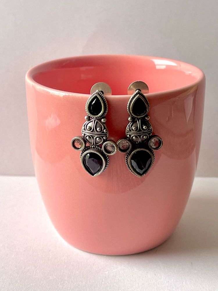 Silver Replica Earring Black Stone
