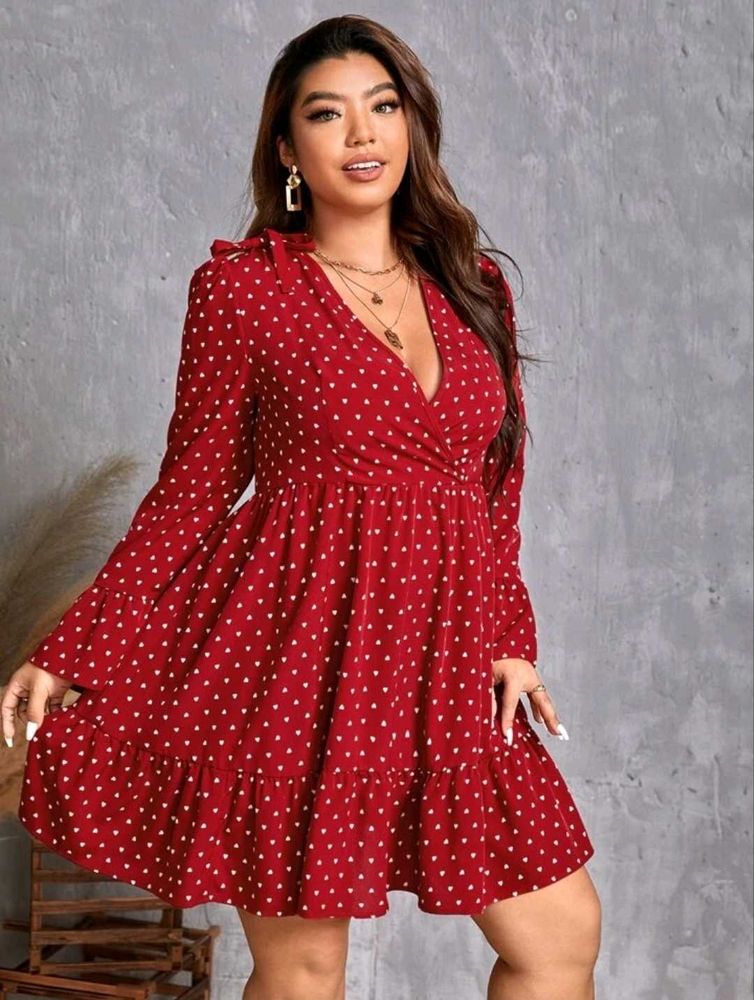 SHEIN Confetti Heart Print Flounce Sleeve Dress