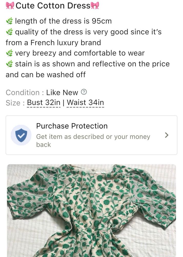 Floral Print Cotton Dress - Green And White