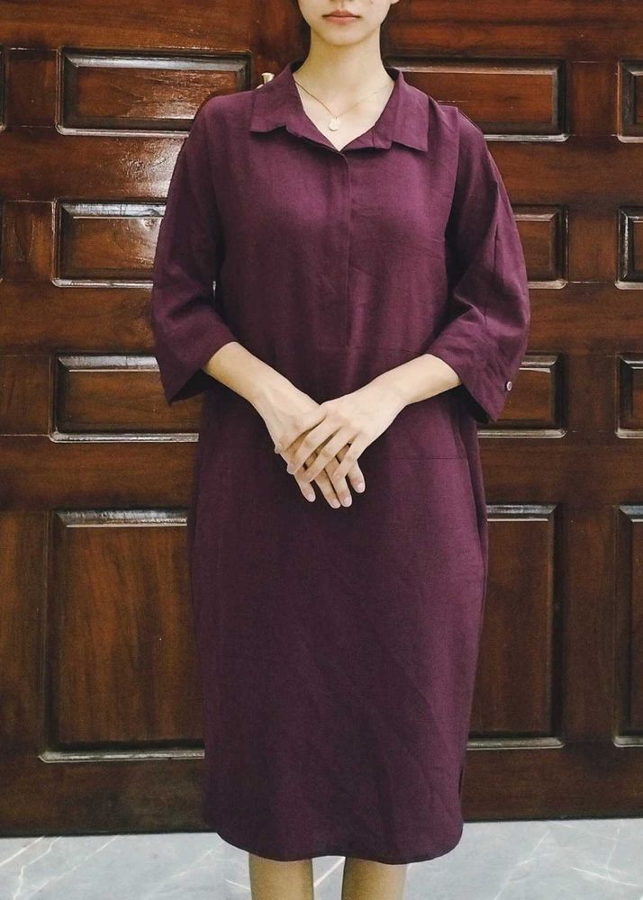 Burgundy Linen Midi Dress