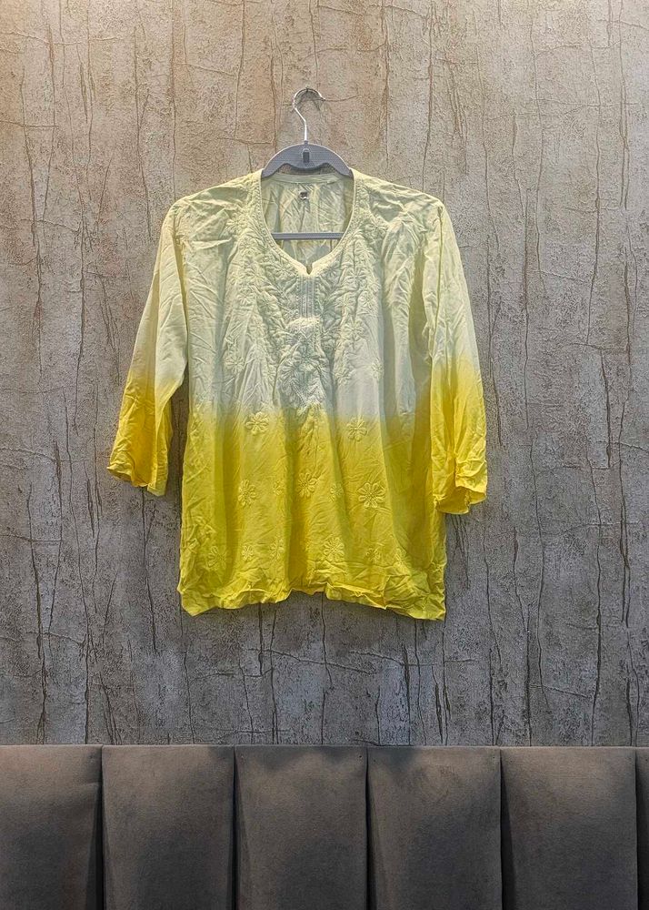 Yellow &amp; White Chikankari Kurti