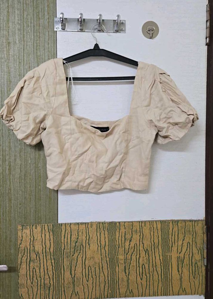 Beige Puff Sleeve Crop Top