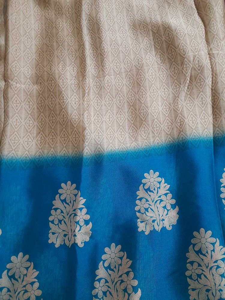 Beige and Greenish Blue Silky Saree with Blouse