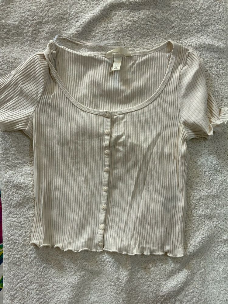 H&amp;M Cream Ribbed Button-Up Top