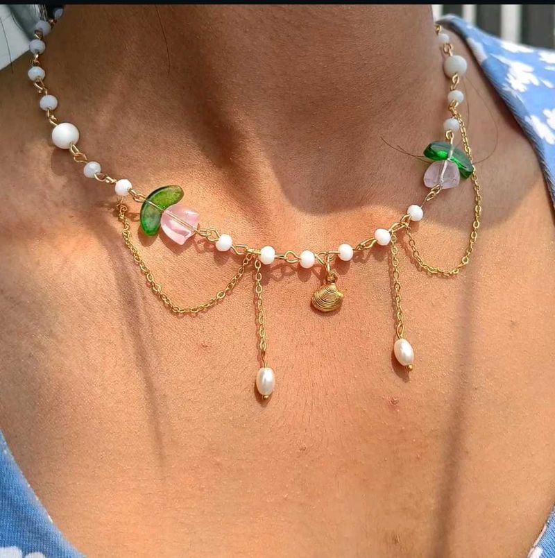 Floral Beaded Dangle Necklace