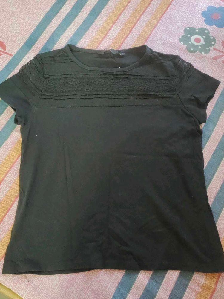 Black T-Shirt with Lace Detail