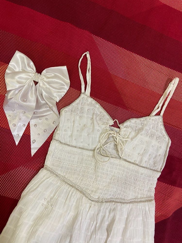 Self Designed White Pearl Dress🕊️💌🤍XS