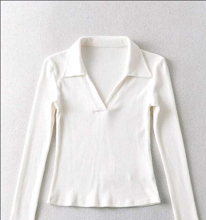 White Ribbed collared Long Sleeve crop Top