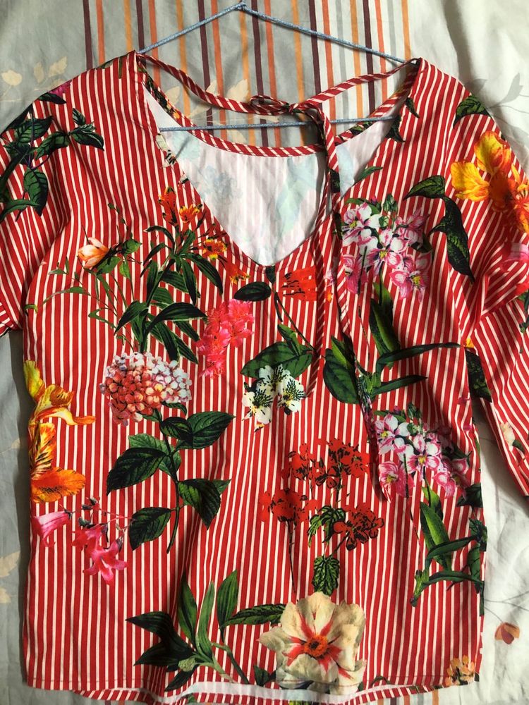 Red Floral Top With Deep Back