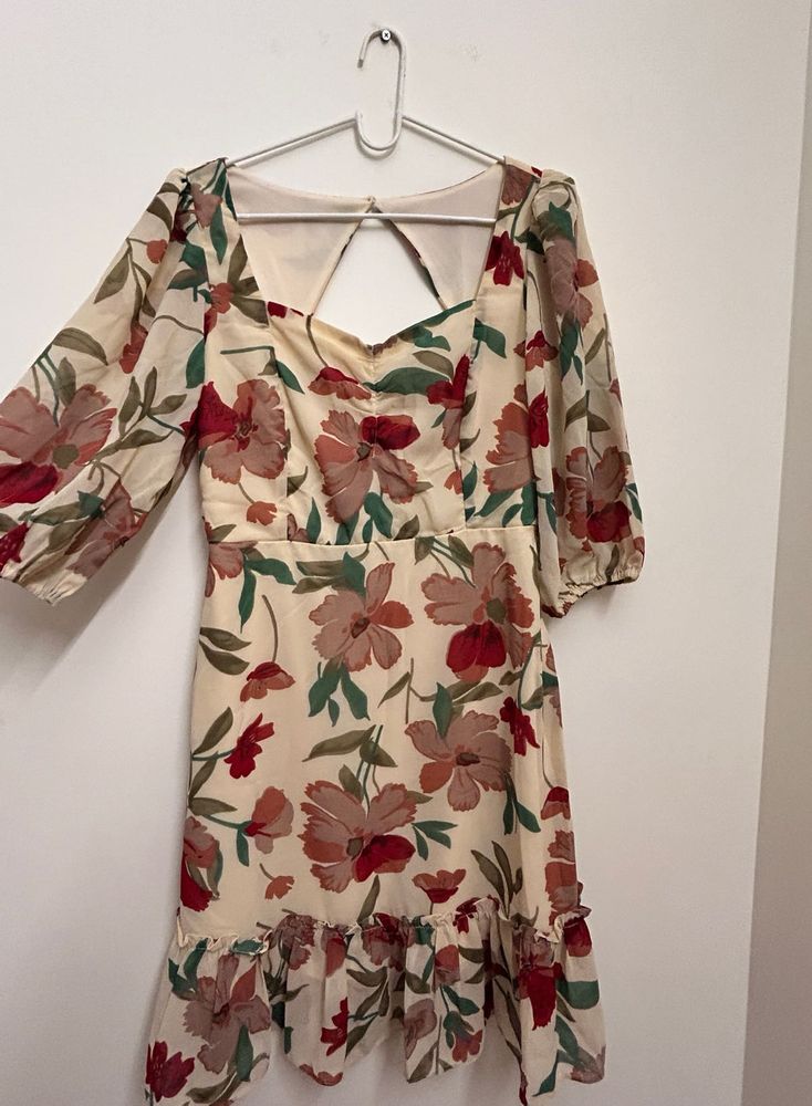 Cream-Coloured &amp; Maroon Floral Printed Dress