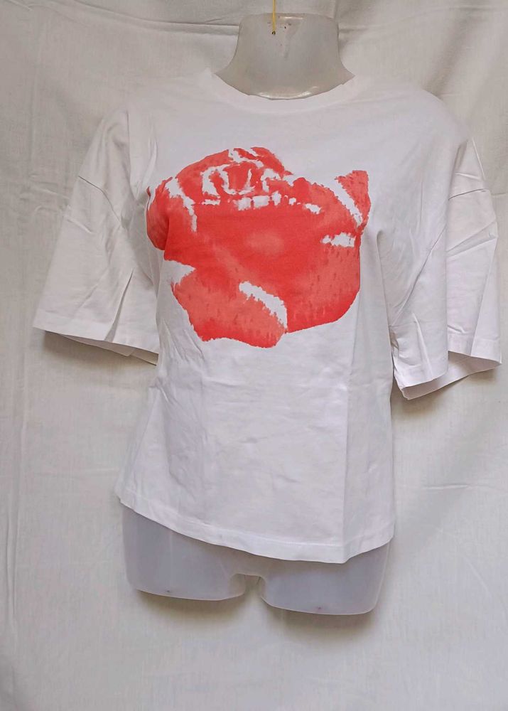 White Tee with Red Rose