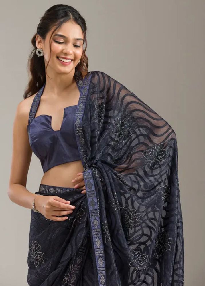 Koskii Navy Blue Floral Stonework Chiffon Saree