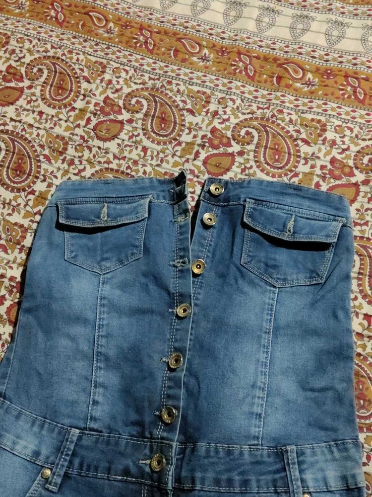 Off Shoulder Blue Denim Jumpsuit