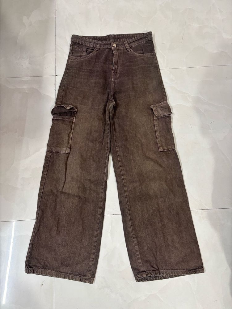 Brown Wide Leg Cargo Jeans