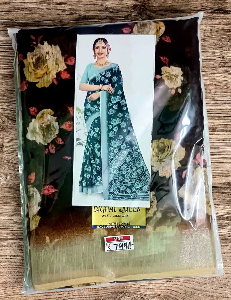 New Cotton Linen Floral Print Saree With Blouse