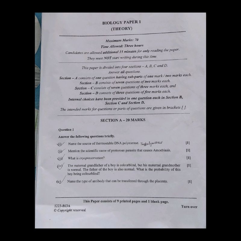 ISC bengali, Biology Question Paper 2023